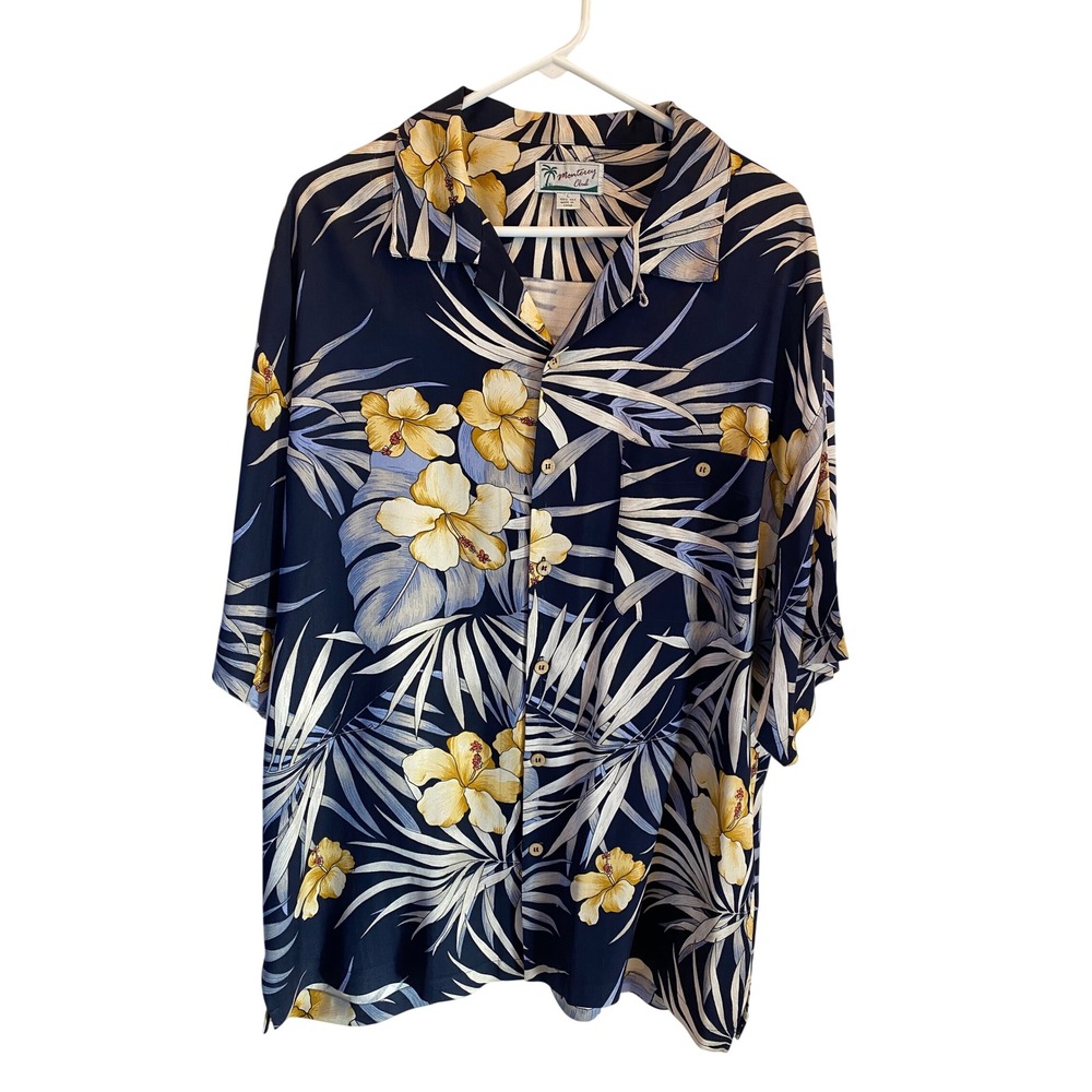VTG Hawaiian Aloha‎ Tropical Mens Large L Navy Floral Silk Button Up Monterey